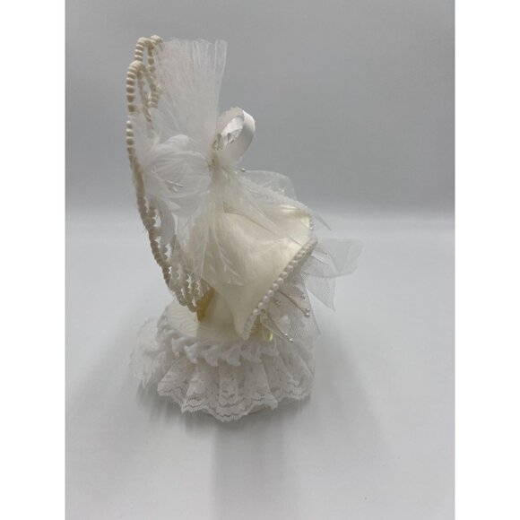 Vintage Ivory Lace Heart Shaped with Wedding Bells Tulle Flowers Cake Topper - Picture 6 of 13